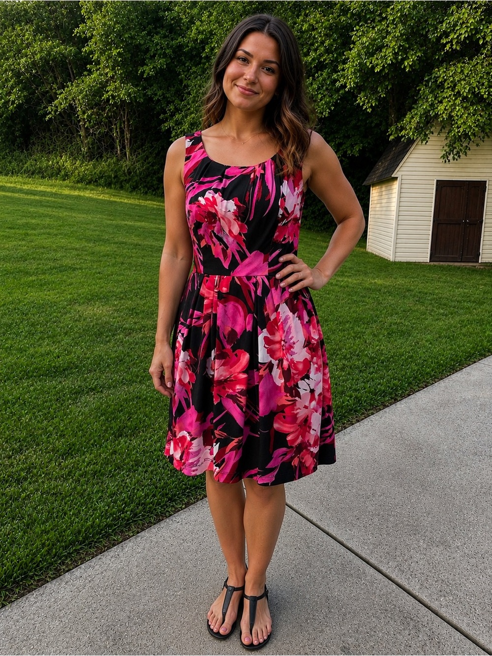 Bisou Bisou Black Midi Dress with Pink Floral Print